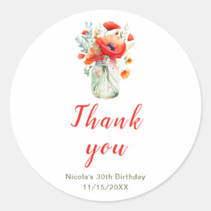 Red Poppies Mason Jar Birthday Classic Round Sticker