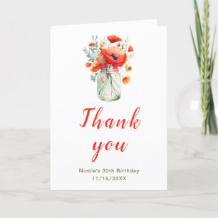 Red Poppies Mason Jar Birthday Letterpress Thank You Card