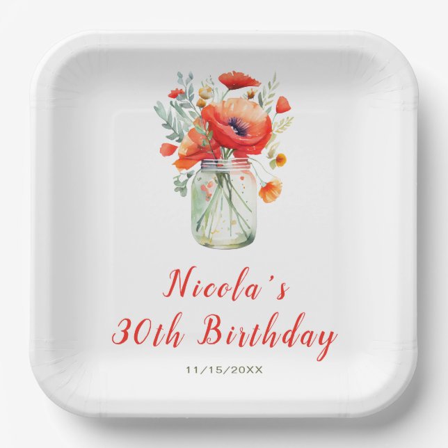Red Poppies Mason Jar Birthday Paper Plates (Front)