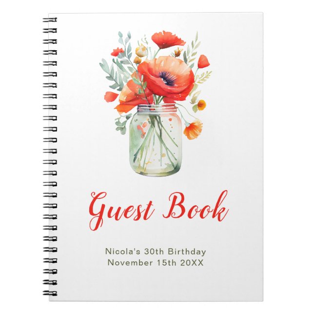 Red Poppies Mason Jar Birthday Party Guest Book (Front)