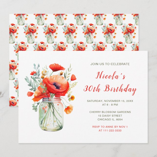 Red Poppies Mason Jar Birthday Party Invitation (Front/Back)