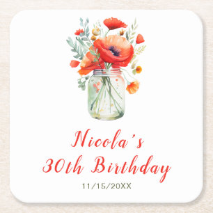 Red Poppies Mason Jar Birthday Square Paper Coaster