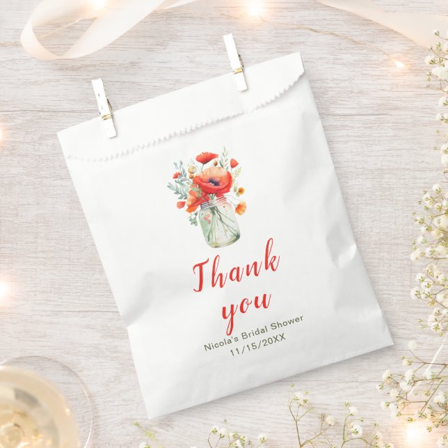 Red Poppies Mason Jar Bridal Shower Favor Bag (Clipped)