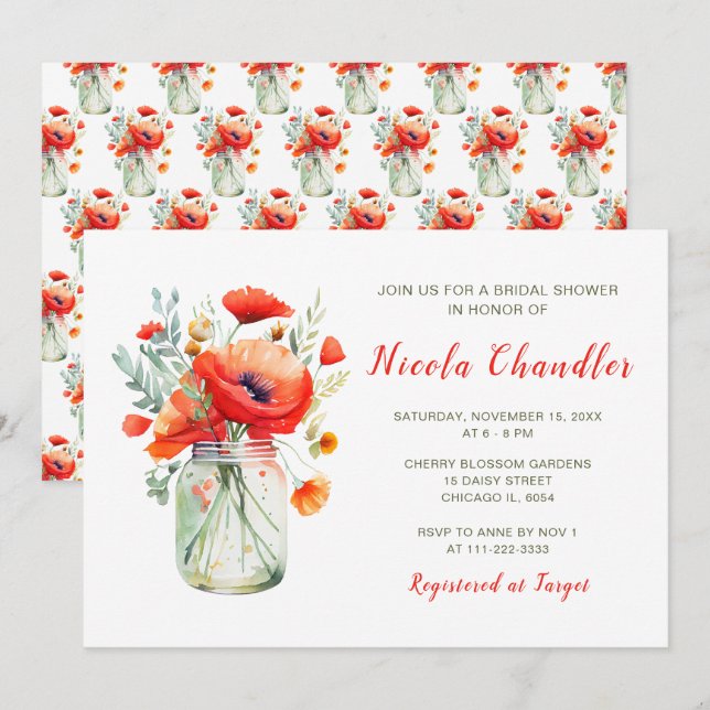 Red Poppies Mason Jar Bridal Shower Invitation (Front/Back)