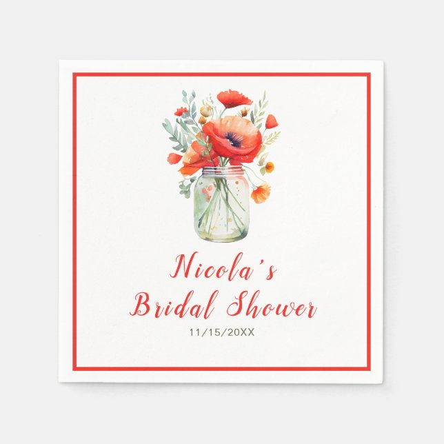 Red Poppies Mason Jar Bridal Shower Napkins (Front)