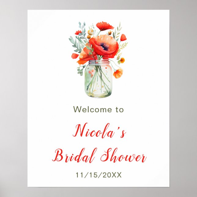 Red Poppies Mason Jar Bridal Shower Welcome Poster (Front)