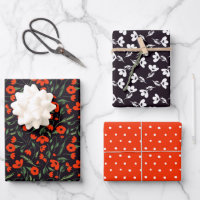 Red Poppies Mixed Floral Pattern & Polka Dots Wrapping Paper Sheets