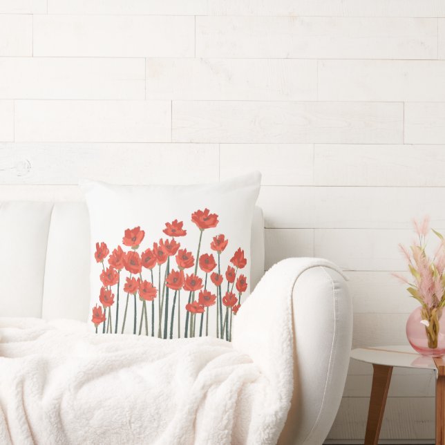 Red Poppies Modern Floral Artistic  Throw Pillow (Couch)