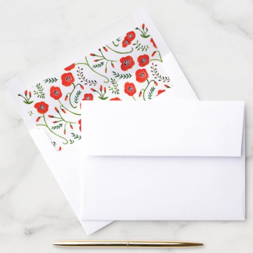 Red poppies modern floral wedding envelope liner