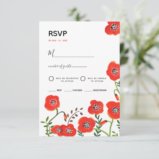 Red poppies modern floral wedding  invitation (Standing Front)