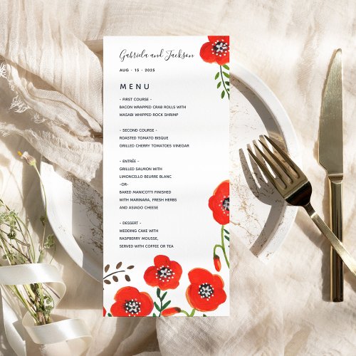 Red poppies modern floral wedding menu