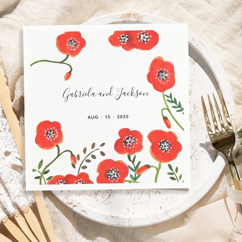 Red poppies modern floral wedding napkins