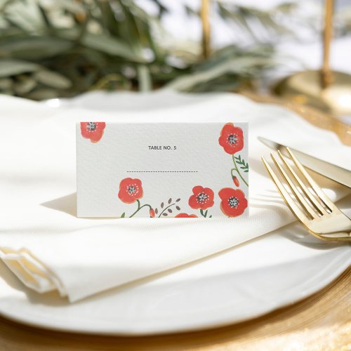 Red poppies modern floral wedding place card