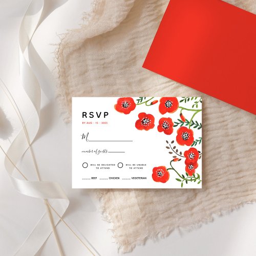 Red poppies modern floral wedding RSVP Card