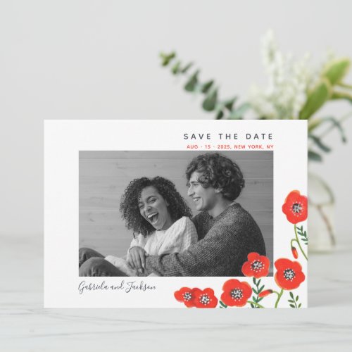 Red poppies modern floral wedding save the date