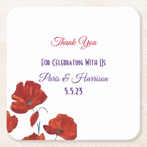Red Poppies Modern Wedding   Square Paper Coaster