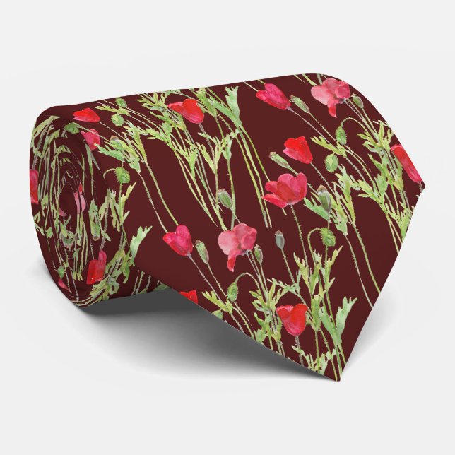 red poppies neck tie (Rolled)