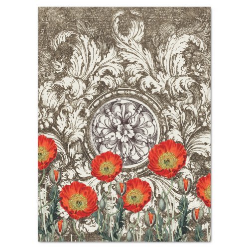 RED POPPIES ON 17TH CENTURY ENGRAVING TISSUE PAPER