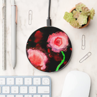 Red Poppies on Black Alcohol Ink Painting Wireless Charger