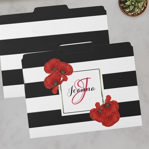 Red Poppies on Black and White Striped Background File Folder