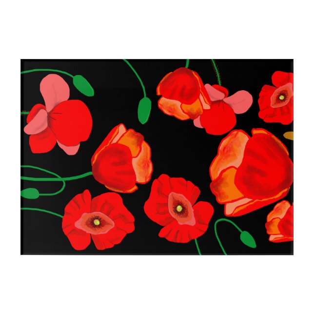 Red poppies on black background illustration  acrylic print (Front)