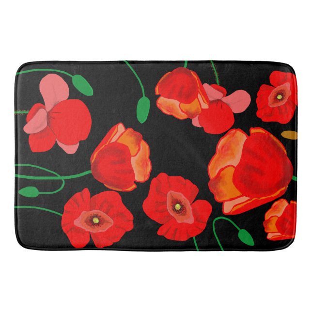Red poppies on black background illustration  bath mat (Front)