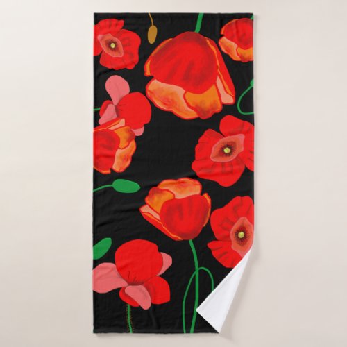 Red poppies on black background illustration  bath towel