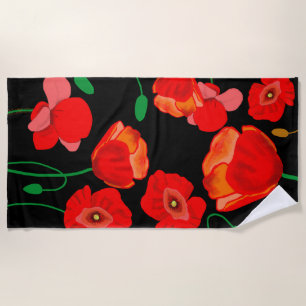 Red poppies on black background illustration beach towel