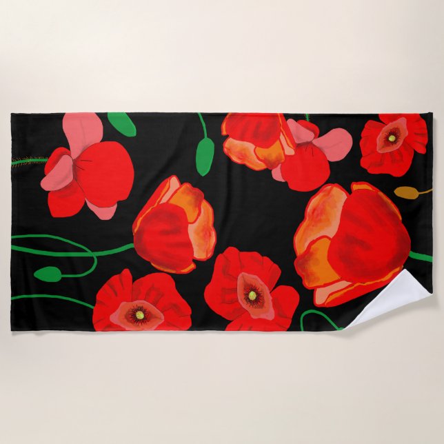 Red poppies on black background illustration  beach towel (Front)
