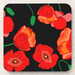 Red poppies on black background illustration beverage coaster