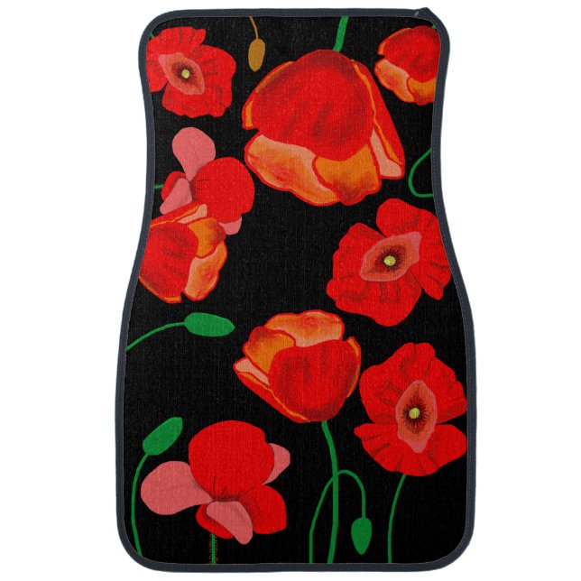 Red poppies on black background illustration  car floor mat (Front)