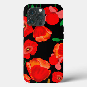 Red poppies on black background illustration  iPhone 13 pro case