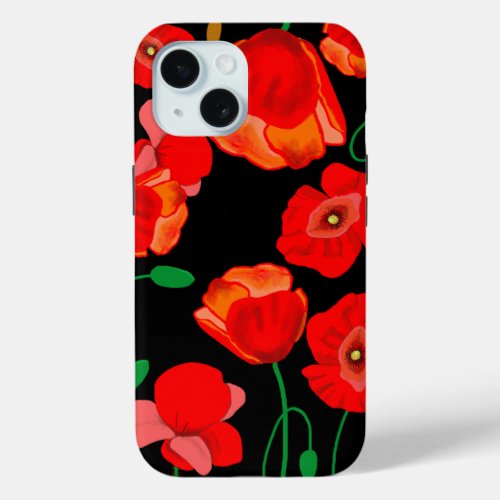 Red poppies on black background illustration  iPhone 15 case