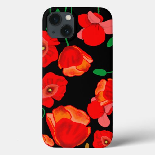 Red poppies on black background illustration  iPhone 13 case