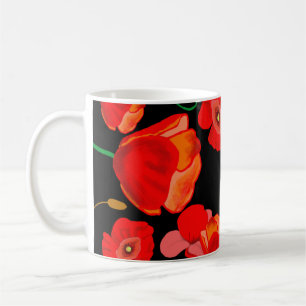 Red poppies on black background illustration coffee mug