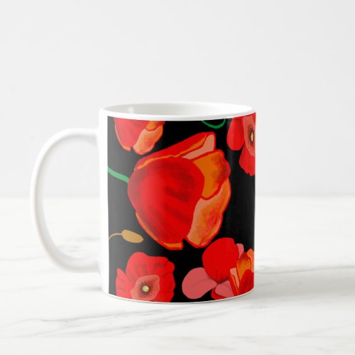 Red poppies on black background illustration  coffee mug