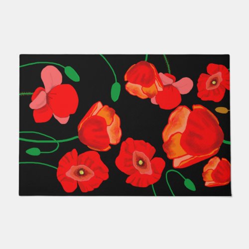 Red poppies on black background illustration  doormat