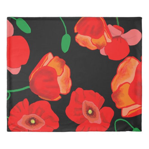 Red poppies on black background illustration  duvet cover