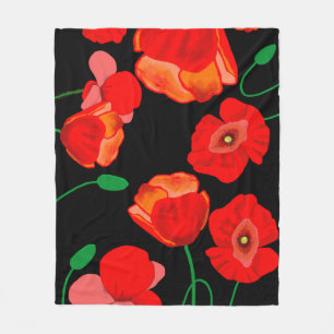 Red poppies on black background illustration  fleece blanket