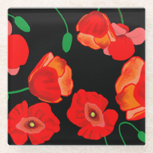 Red poppies on black background illustration glass coaster