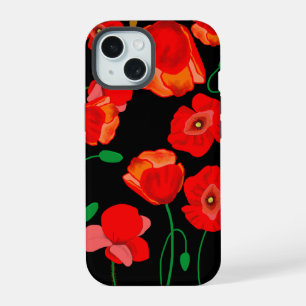 Red poppies on black background illustration iPhone 15 case