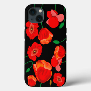 Red poppies on black background illustration iPhone 13 case