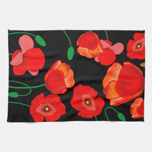 Red poppies on black background illustration  kitchen towel