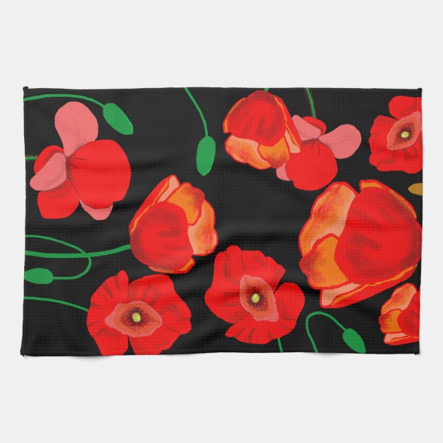 Red poppies on black background illustration  kitchen towel (Horizontal)