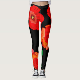 Red poppies on black background illustration leggings