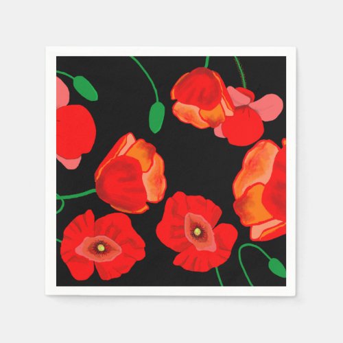 Red poppies on black background illustration  napkins