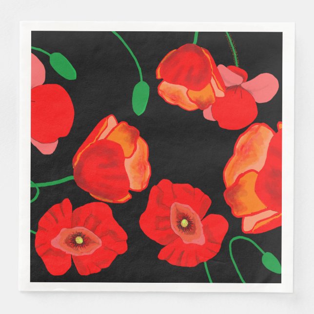 Red poppies on black background illustration  paper dinner napkins (Front)