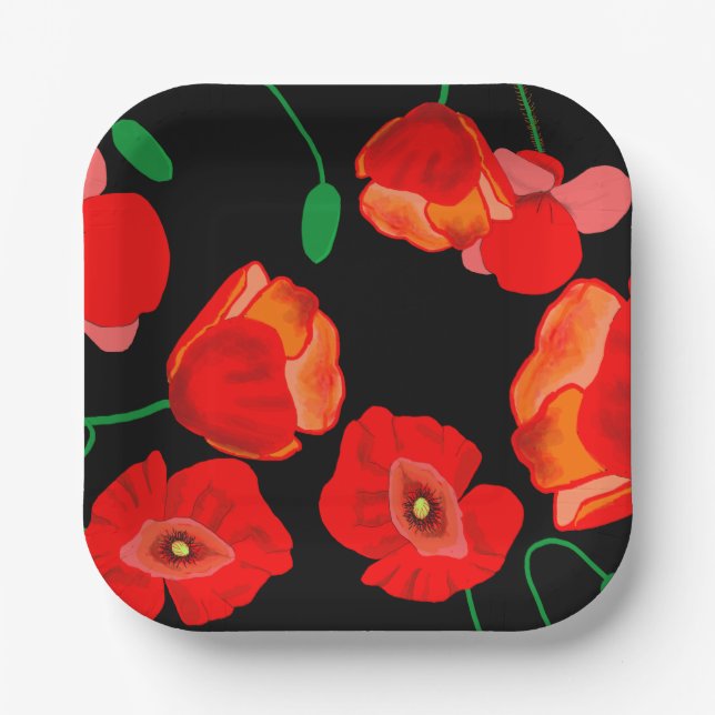 Red poppies on black background illustration  paper plates (Front)