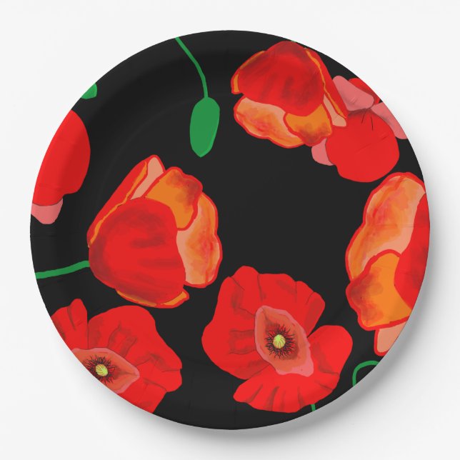Red poppies on black background illustration  paper plates (Front)