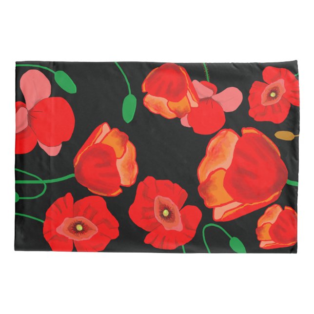 Red poppies on black background illustration   pillow case (Back)